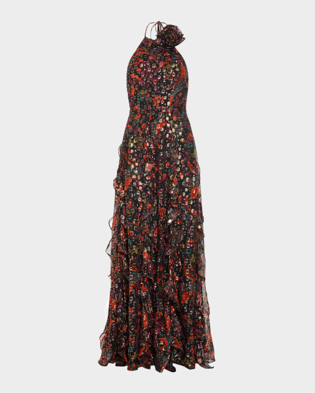 Idella Ruffle Fil Coupe Halter Gown